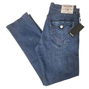 NWT TRUE RELIGION Men Ricky Relaxed Straight Jeans 33x34 Flap Pockets Red Stitch